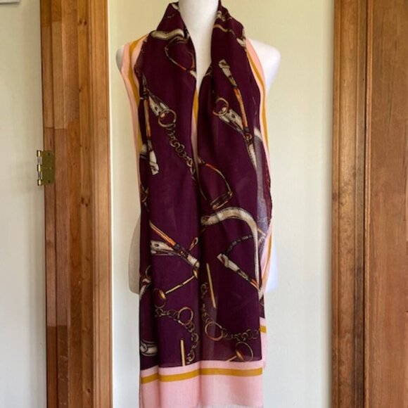 Talbots Mulberry Pink Printed Frayed Oblong Scarf Modal Equestrian Print - Picture 5 of 13